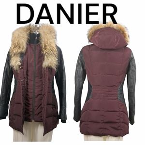 DANIER Burgundy and Leather Sleeves Down Filled Coyote Fur Hood Winter Jacket